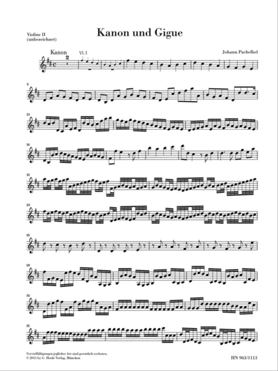 Canon and Gigue for Three Violins and Basso Continuo in D Major Violin scores gallery preview page 1