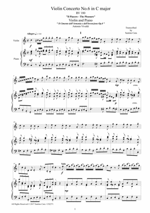 Book cover for Vivaldi - Concerto No.6 in C major - Il Piacere - RV 180 Op.8 for Violin and Piano