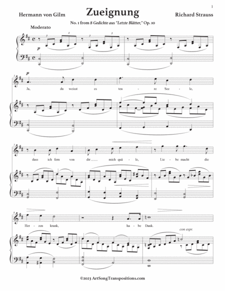 STRAUSS: Zueignung, Op. 10 no. 1 (transposed to 8 keys: D, D-flat, C, B, B-flat, A, A-flat, G major)