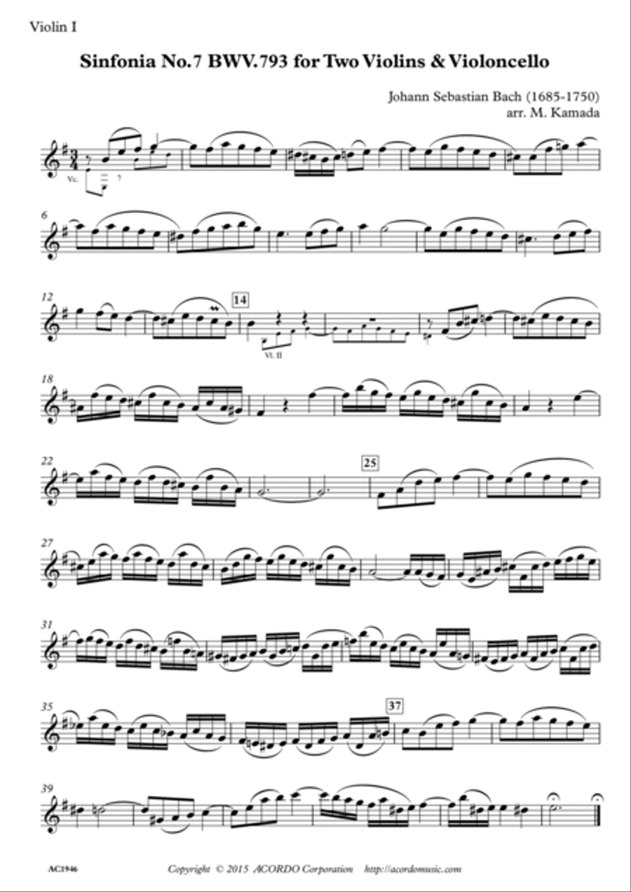 Sinfonia No.7 BWV.793 for Two Violins & Violoncello String Trio scores gallery preview page 3