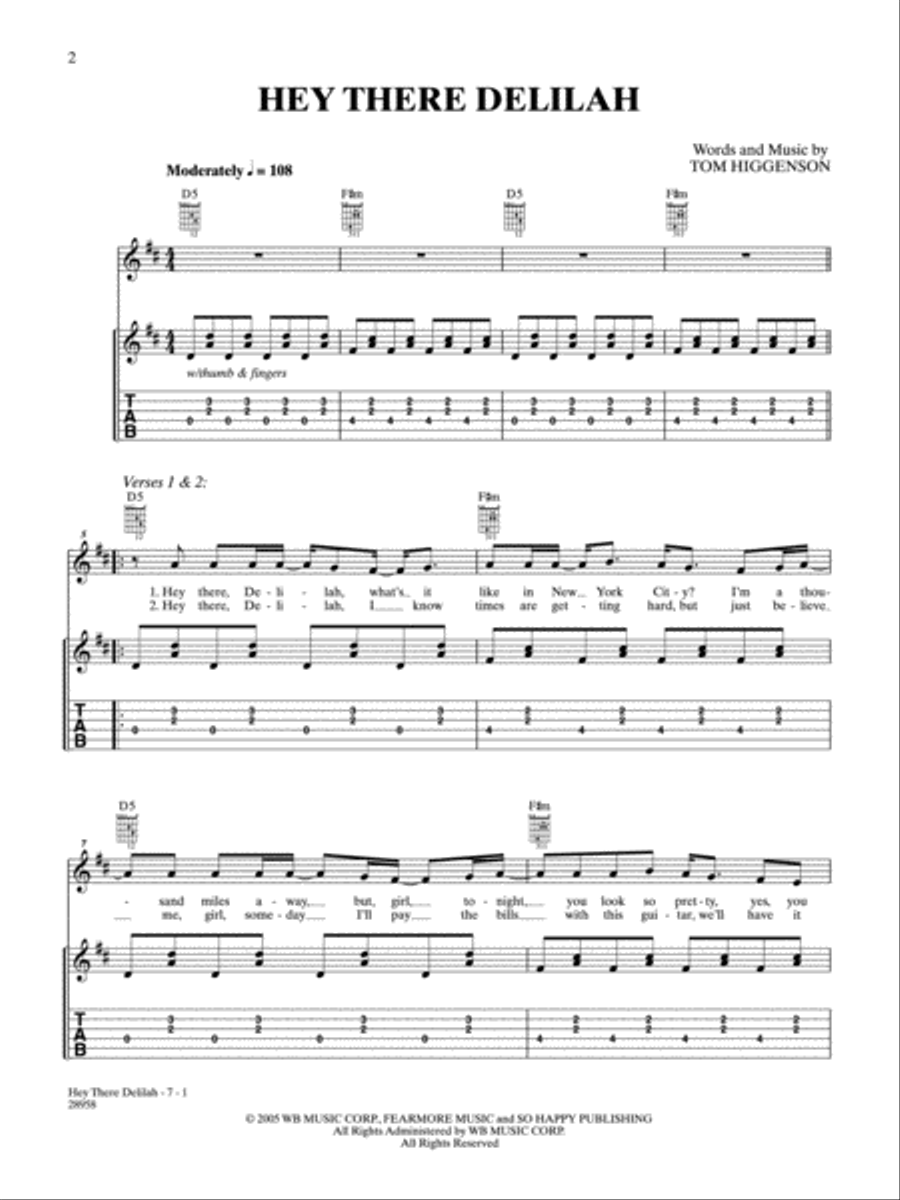 Hey There Delilah Piano, Vocal, Guitar scores gallery preview page 1