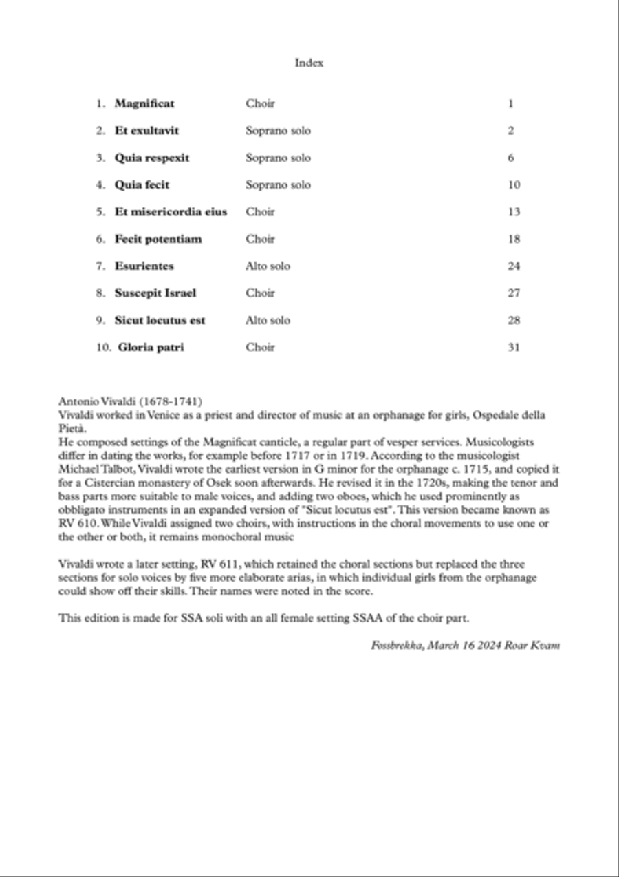 Vivaldi: Magnificat in G minor RV611, (SA soli, SSAA choir, vocal score) SSAA scores gallery preview page 2