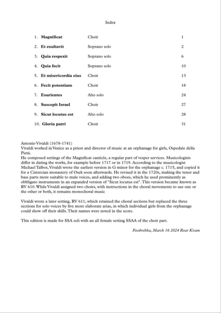 Vivaldi: Magnificat in G minor RV611, (SA soli, SSAA choir, vocal score)