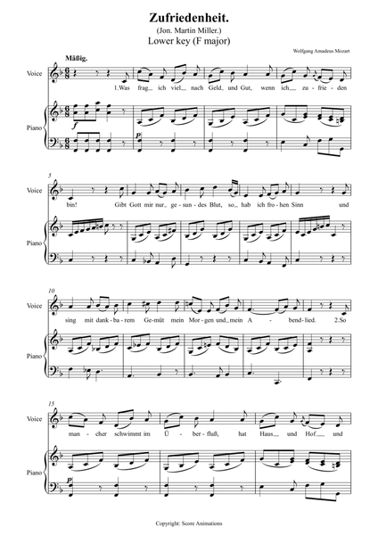 Die Zufriedenheit K349a for Low Voice (Lower key, F major, 6 verses)