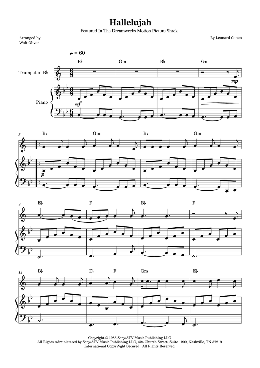 Hallelujah B-Flat Trumpet scores gallery preview page 1