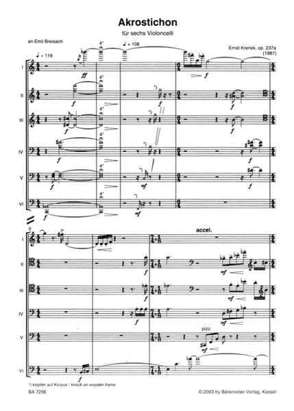 Akrostichon for six Violoncellos op. 237a