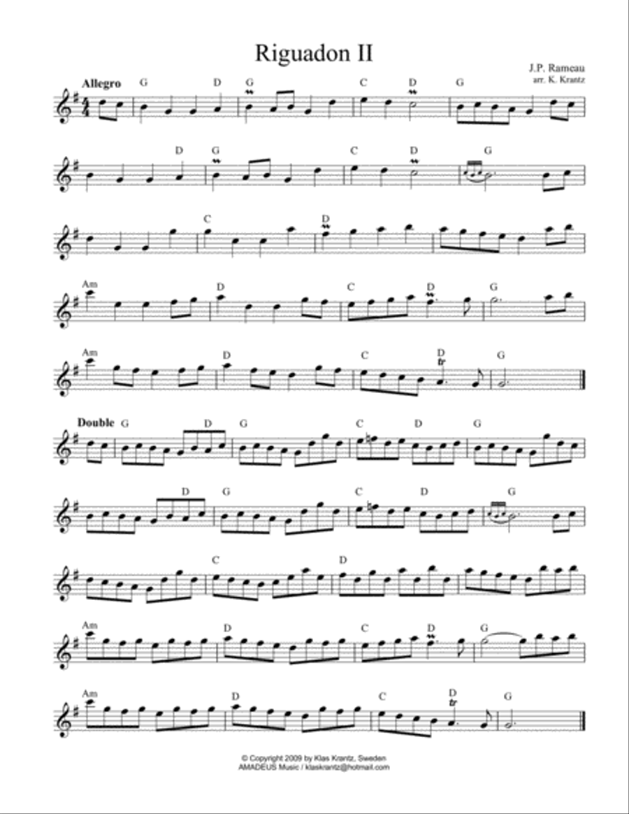Riguadon ii, lead sheet with guitar chords, G Major Small Ensemble scores gallery preview page 1