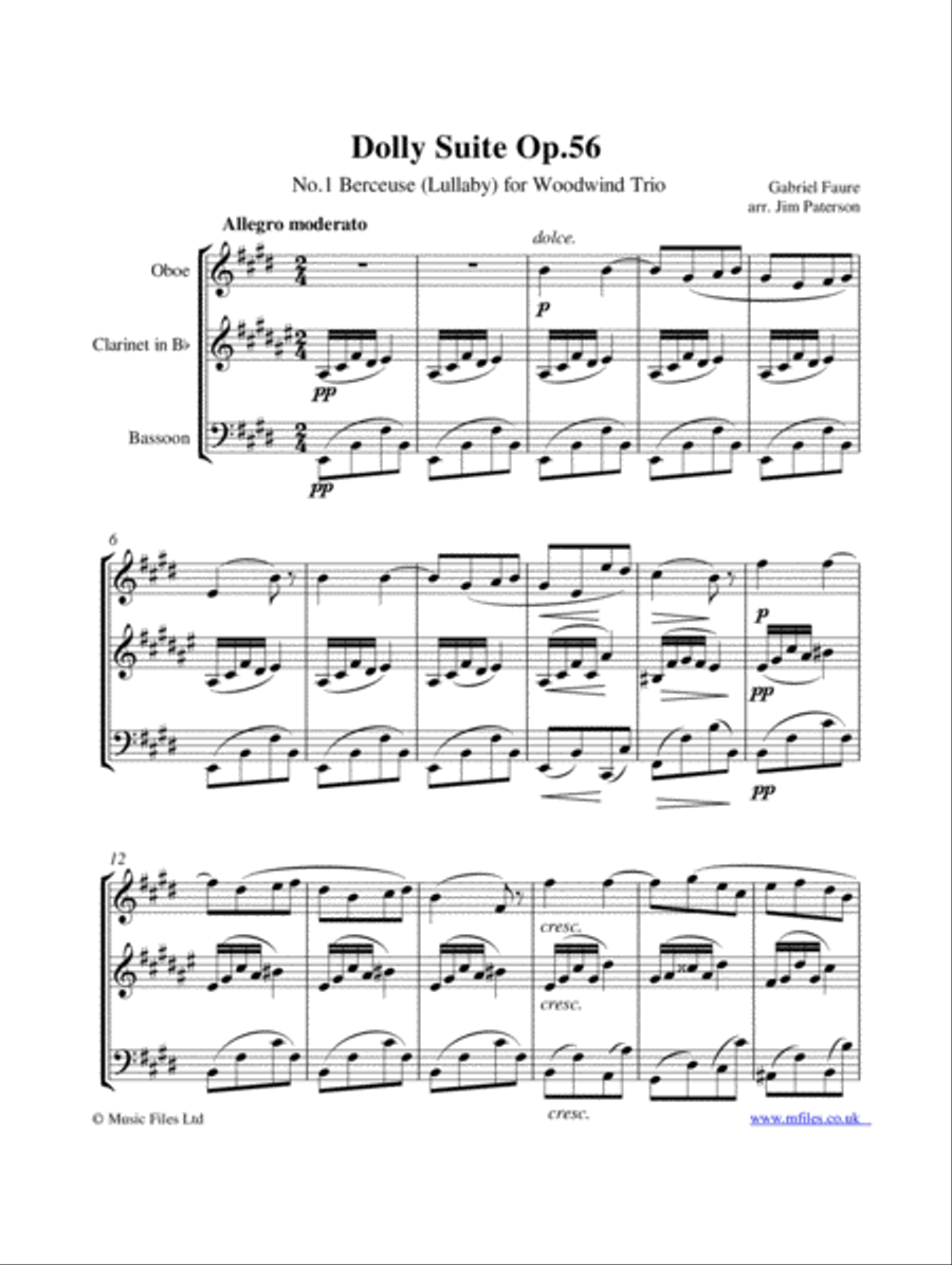 Gabriel Faure's Dolly Suite: No.1 Berceuse for Woodwind Trio Woodwind Trio scores gallery preview page 1