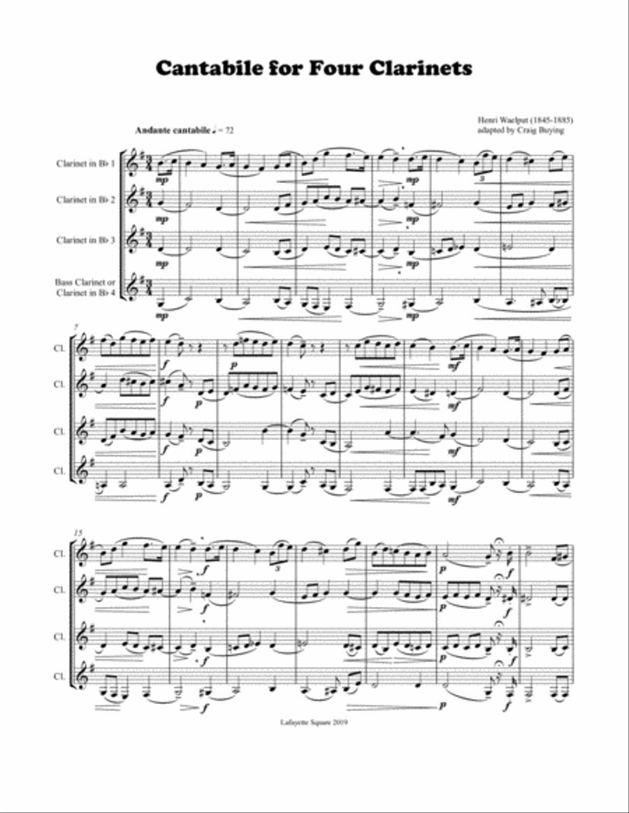 H. Waelput: Cantabile for Four Clarinets (orig. Four Violas) Clarinet Quartet scores gallery preview page 2