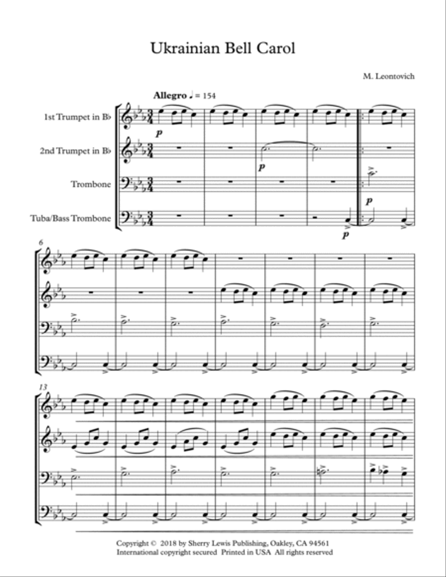 UKRAINIAN BELL CAROL - Carol of the Bells, Brass Quartet, Intermediate Level Brass Quartet scores gallery preview page 4