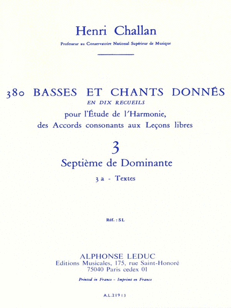 380 Basses Et Chants Donnes - Volume 3, Septiemes De Dominante - 3a