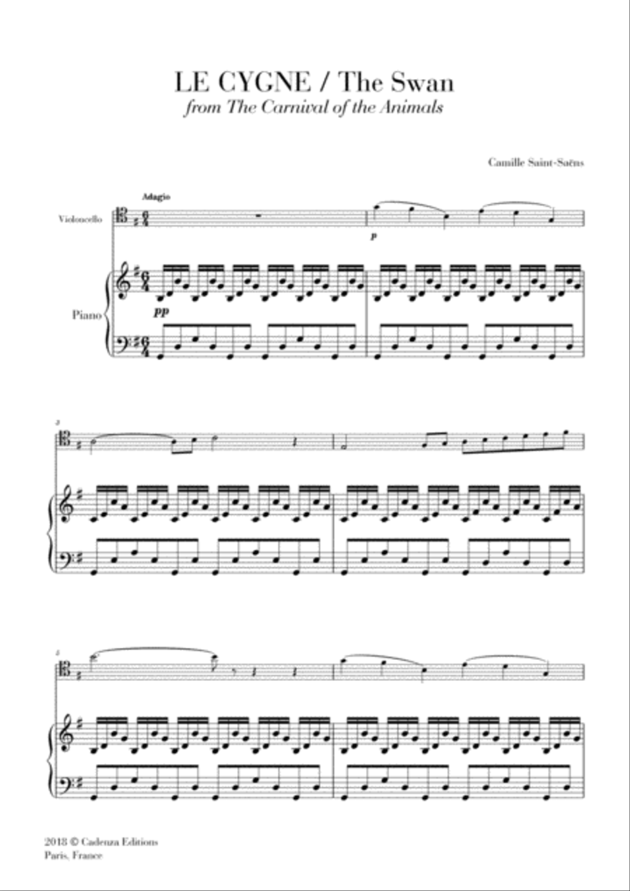 The Swan - Le Cygne (from the Carnival of the Animals) for Cello and Piano Piano scores gallery preview page 1