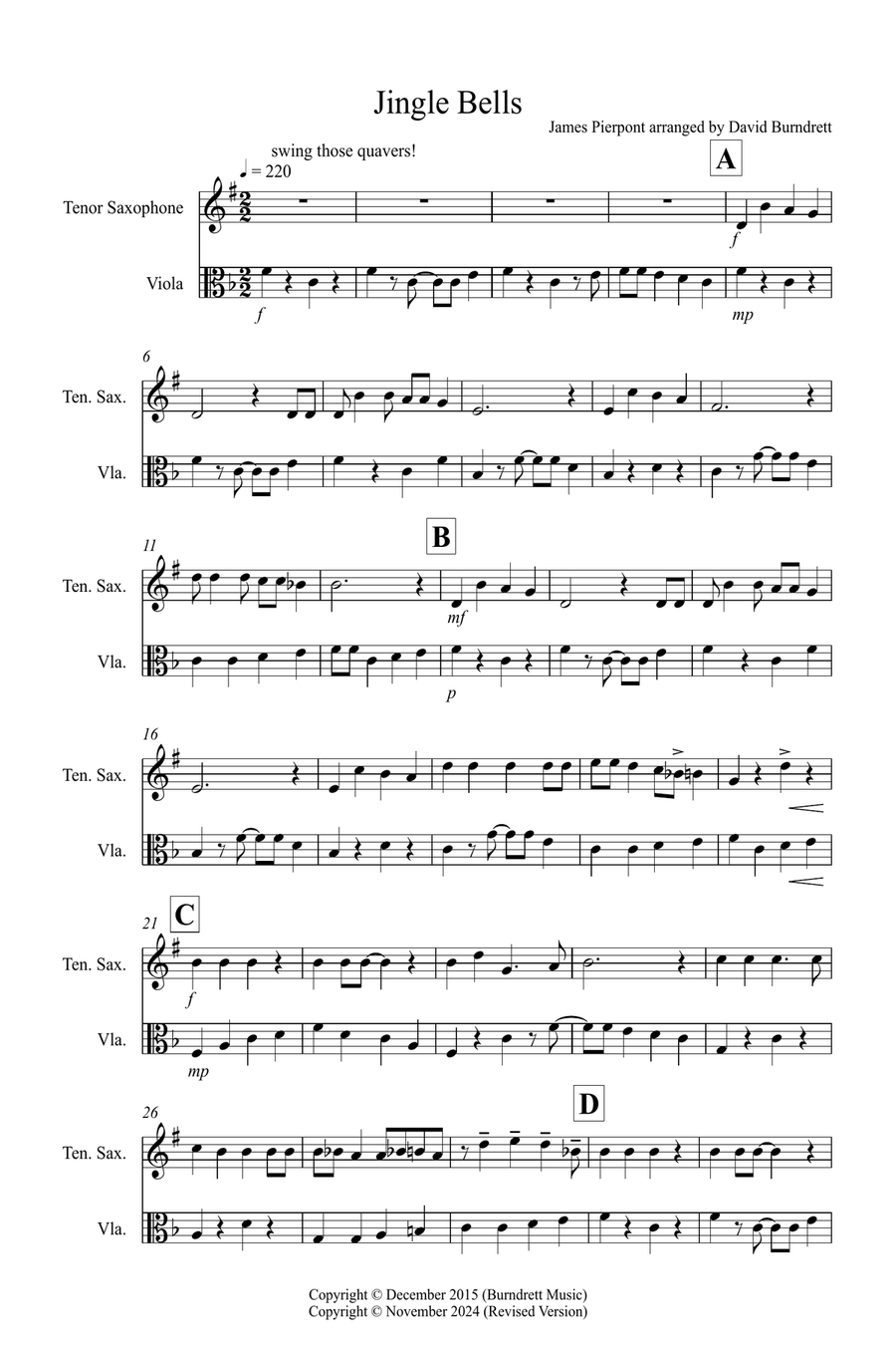 Jingle Bells (Jazzy Style!) for Tenor Saxophone and Viola Duet Tenor Saxophone scores gallery preview page 1