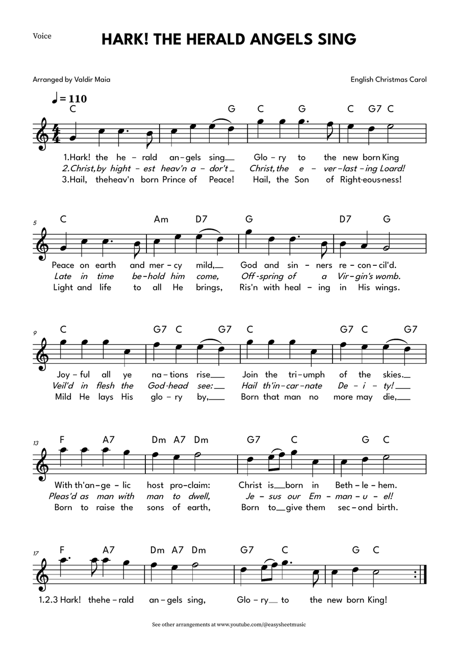 Hark! The Herald Angels Sing - Leadsheet in C Major with Lyrics and Chords Piano scores gallery preview page 1