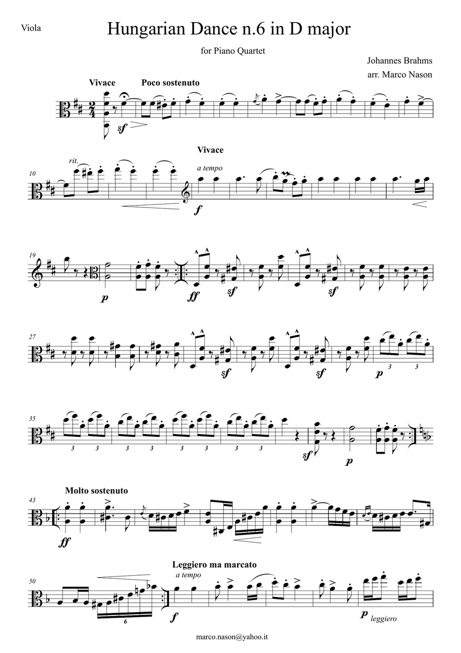 Brahms - Hungarian Dance n.6 in D major for Piano Quartet Piano Quartet scores gallery preview page 3