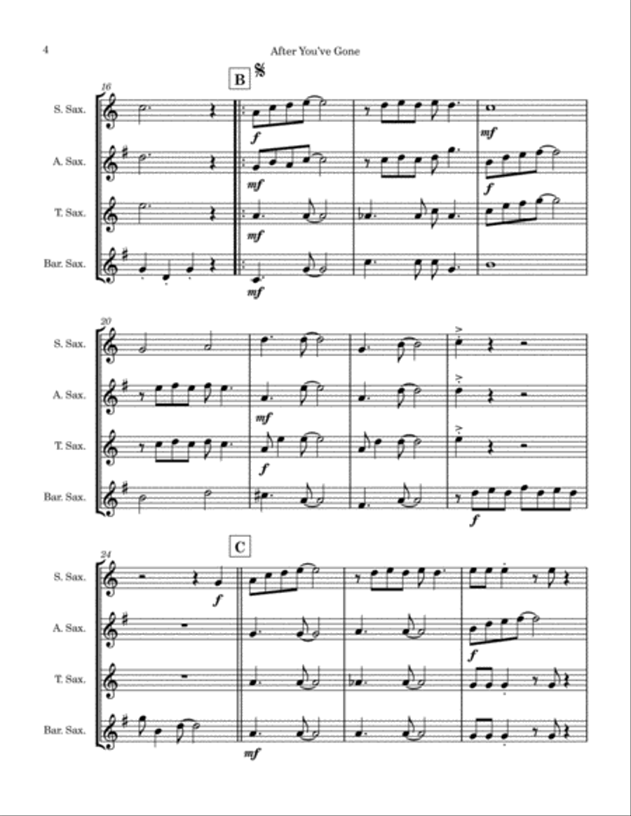 After You've Gone (Saxophone Quartet) Saxophone Quartet scores gallery preview page 4