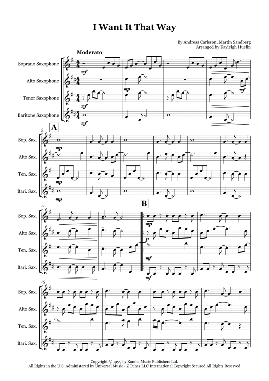 I Want It That Way Saxophone Quartet scores gallery preview page 1