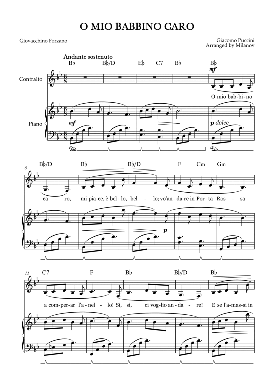 O Mio Babbino Caro | Female Voice Contralto | B-flat Major | Piano accompaniment | Pedal | Chords Alto Voice scores gallery preview page 1