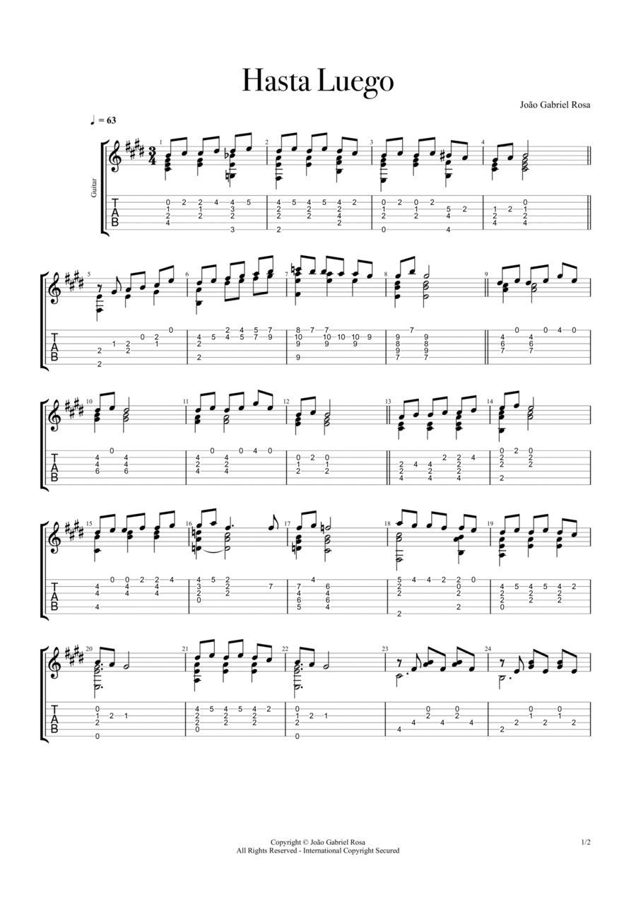 Hasta Luego (Guitar Solo) Guitar Tablature scores gallery preview page 1