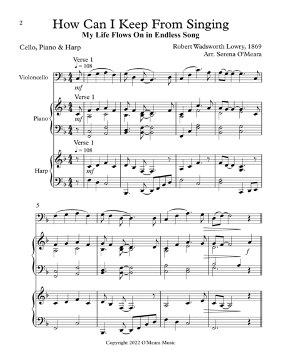How Can I Keep From Singing, Trio for Cello, Piano & Harp Pedal Harp scores gallery preview page 2