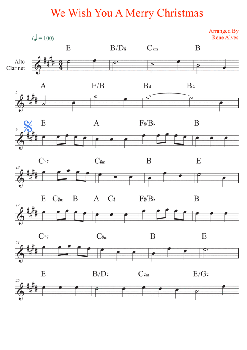 We Wish You A Merry Christmas, score and alto clarinet melody for the beginning musician (easy). image number null