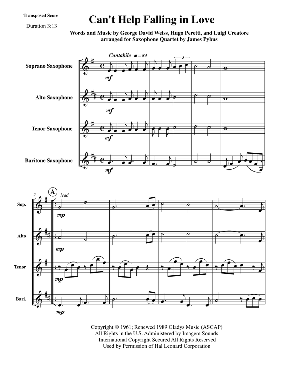 Can't Help Falling In Love Saxophone Quartet scores gallery preview page 3