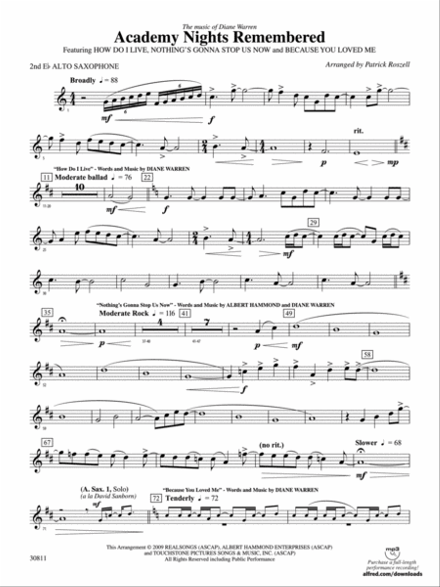 Academy Nights Remembered (The Music of Diane Warren): 2nd E-flat Alto Saxophone Concert Band scores gallery preview page 1