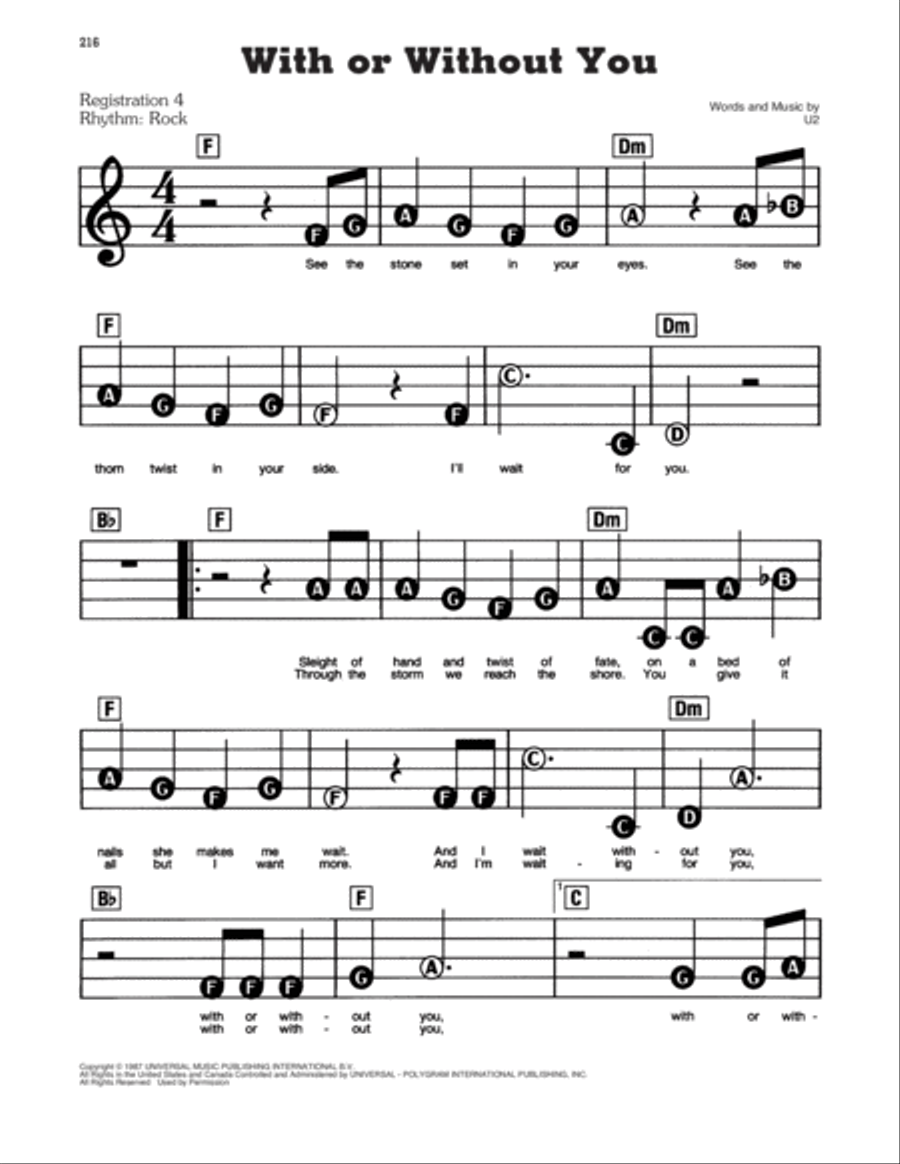With Or Without You Electronic Keyboard scores gallery preview page 1