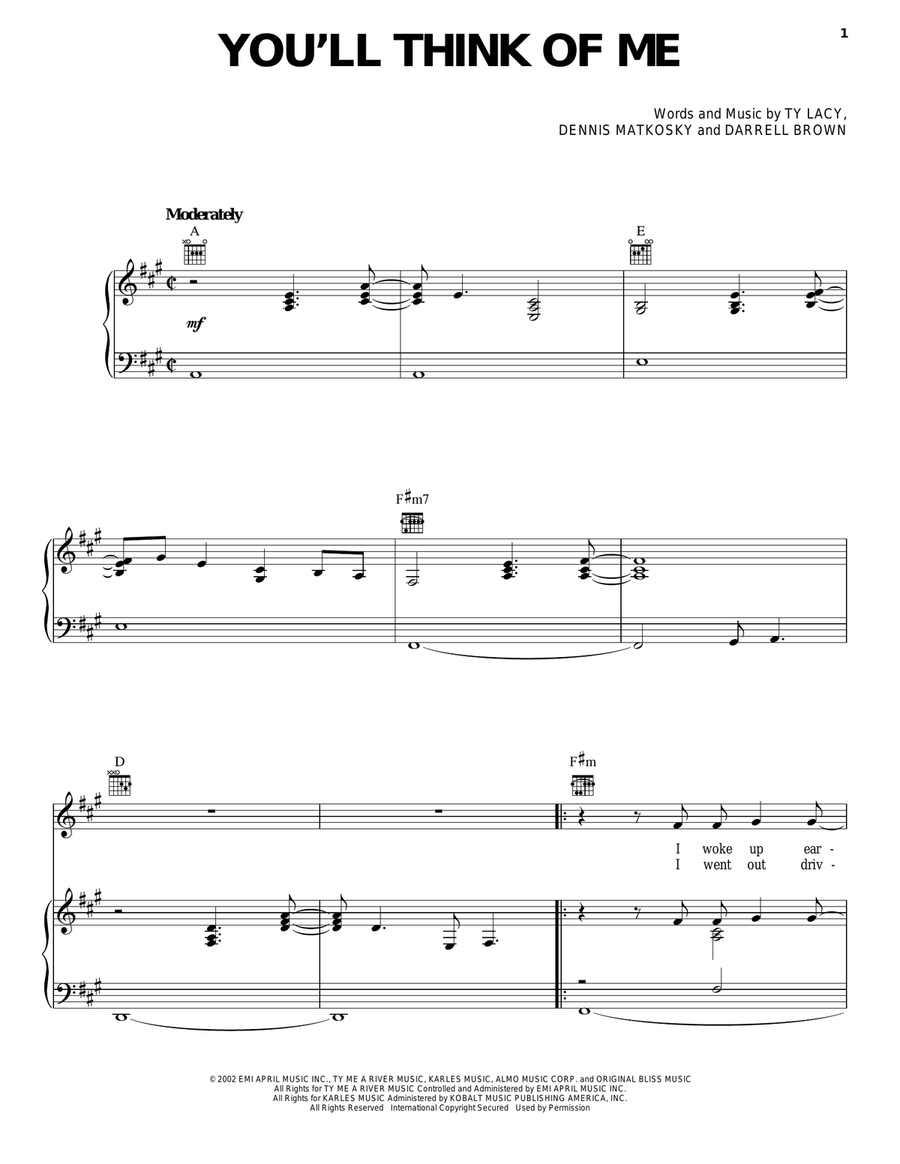 You'll Think Of Me You'll Think Of Me Piano, Vocal, Guitar scores gallery preview page 1