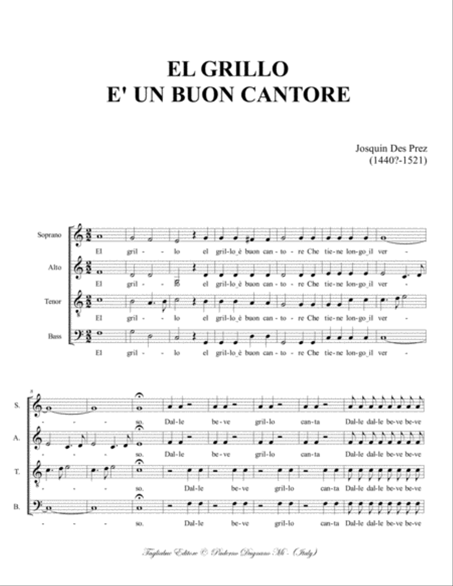 EL GRILLO E' UN BUON CANTORE - J. Des prez - Dor SATB Choir image number null