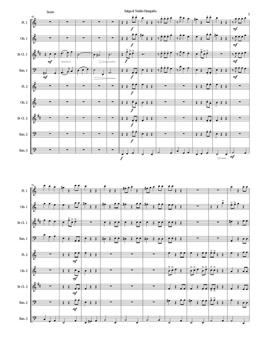 Salga el torillo hosquillo (Let the little wild bull out) arranged for wind nonet Woodwind Ensemble scores gallery preview page 3