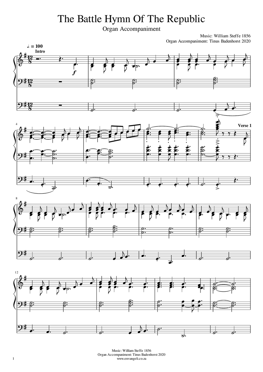 The Battle Hymn Of The Republic - Organ Accompaniment in G and A