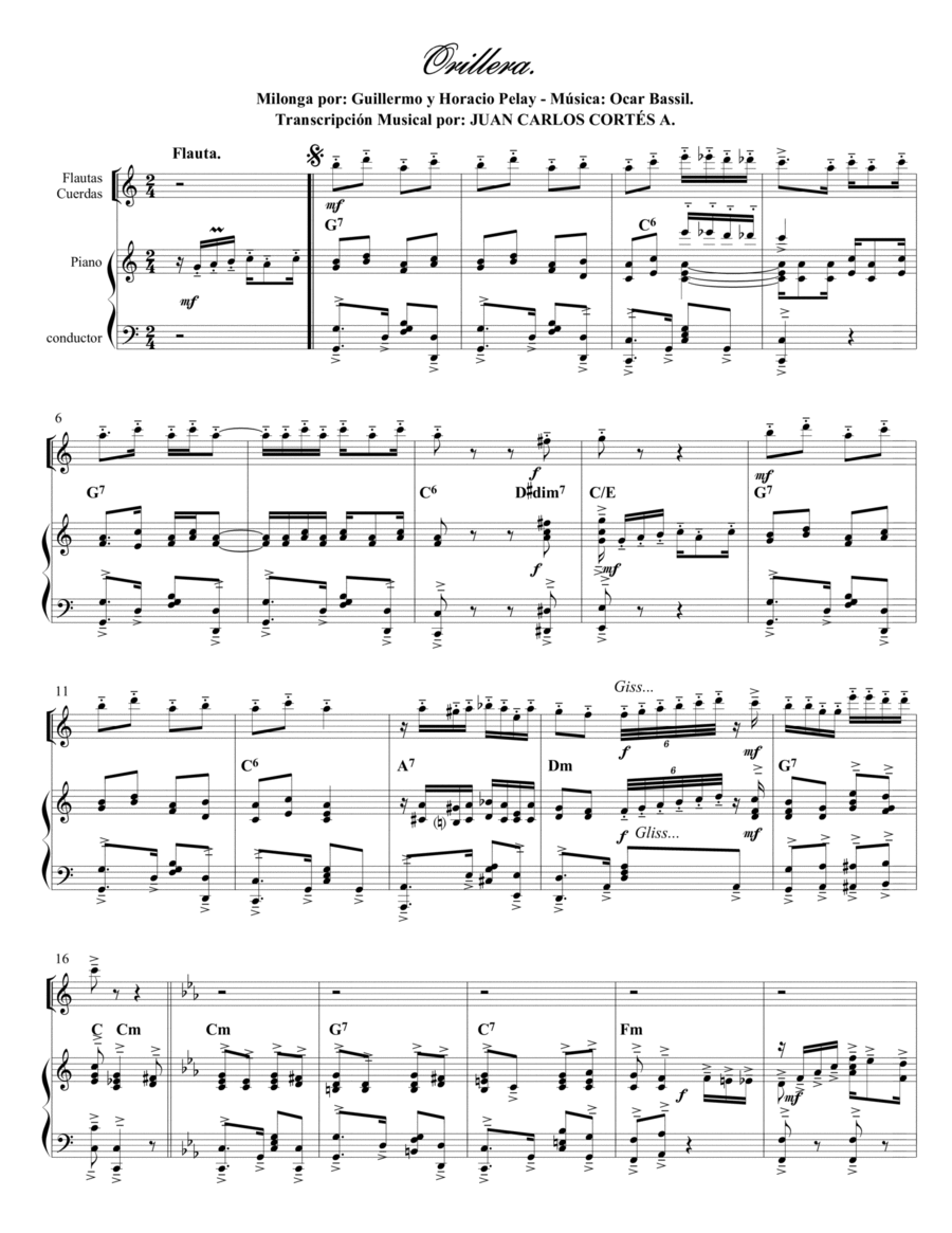 Orillera. Milonga por Oscar Mario Bassil. Piano Solo scores gallery preview page 1
