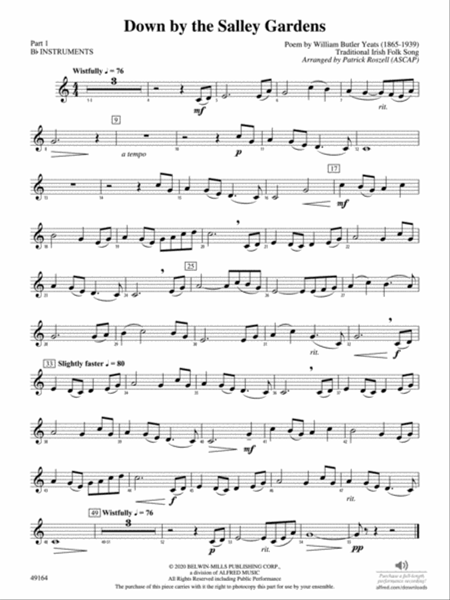 Down by the Salley Gardens: Part 1 - B-flat Instruments Concert Band scores gallery preview page 1