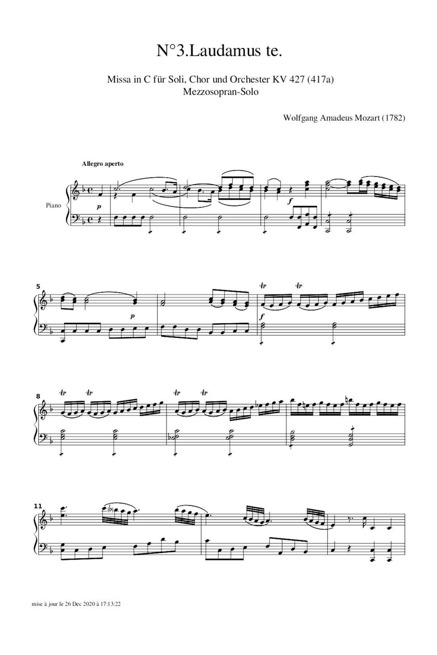 Mass in C minor, K. 427-Laudamus te Piano Solo scores gallery preview page 1