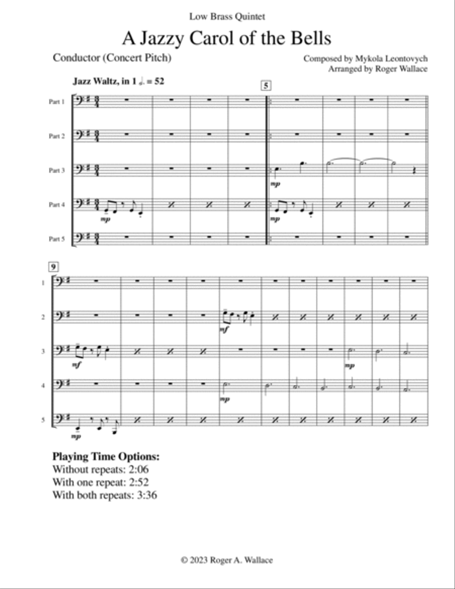 Carol of the Bells (Jazz Waltz for Trombone Quintet or Choir) Choir scores gallery preview page 2
