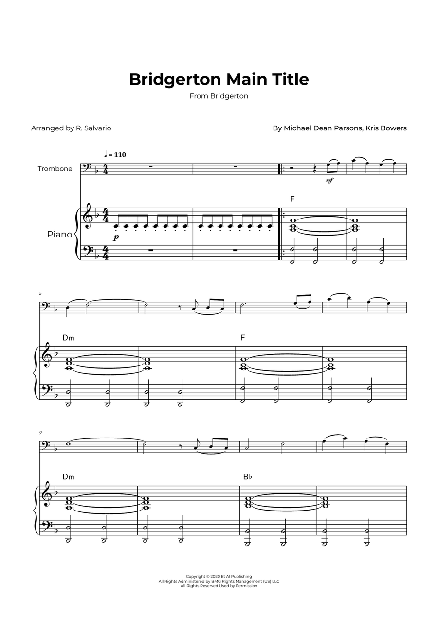 Bridgerton Main Title Piano scores gallery preview page 1