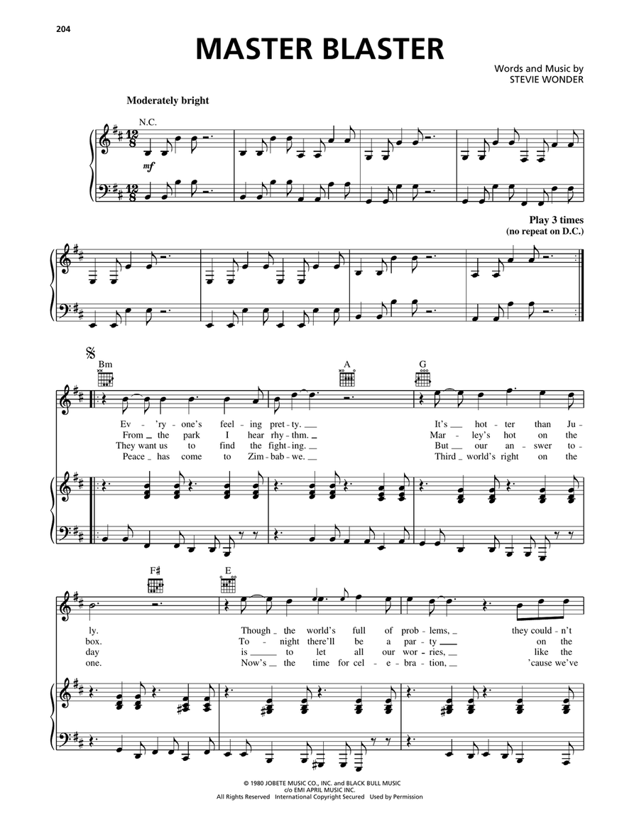 Master Blaster Piano, Vocal, Guitar scores gallery preview page 1