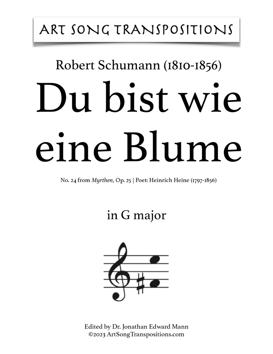 SCHUMANN: Du bist wie eine Blume, Op. 25 no. 24 (transposed to G major) Voice scores gallery preview page 1