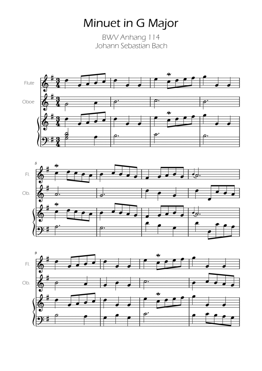 Minuet in G major BWV Anh. 114 - Bach - Flute and Oboe w/ Piano Woodwind Duet scores gallery preview page 1