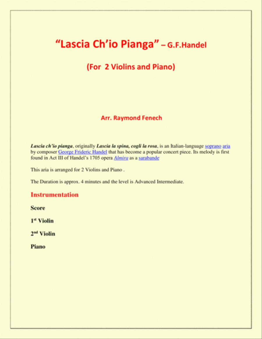 Lascia Ch'io Pianga - From Opera 'Rinaldo' - G.F. Handel ( 2 Violins and Piano) String Duet scores gallery preview page 2