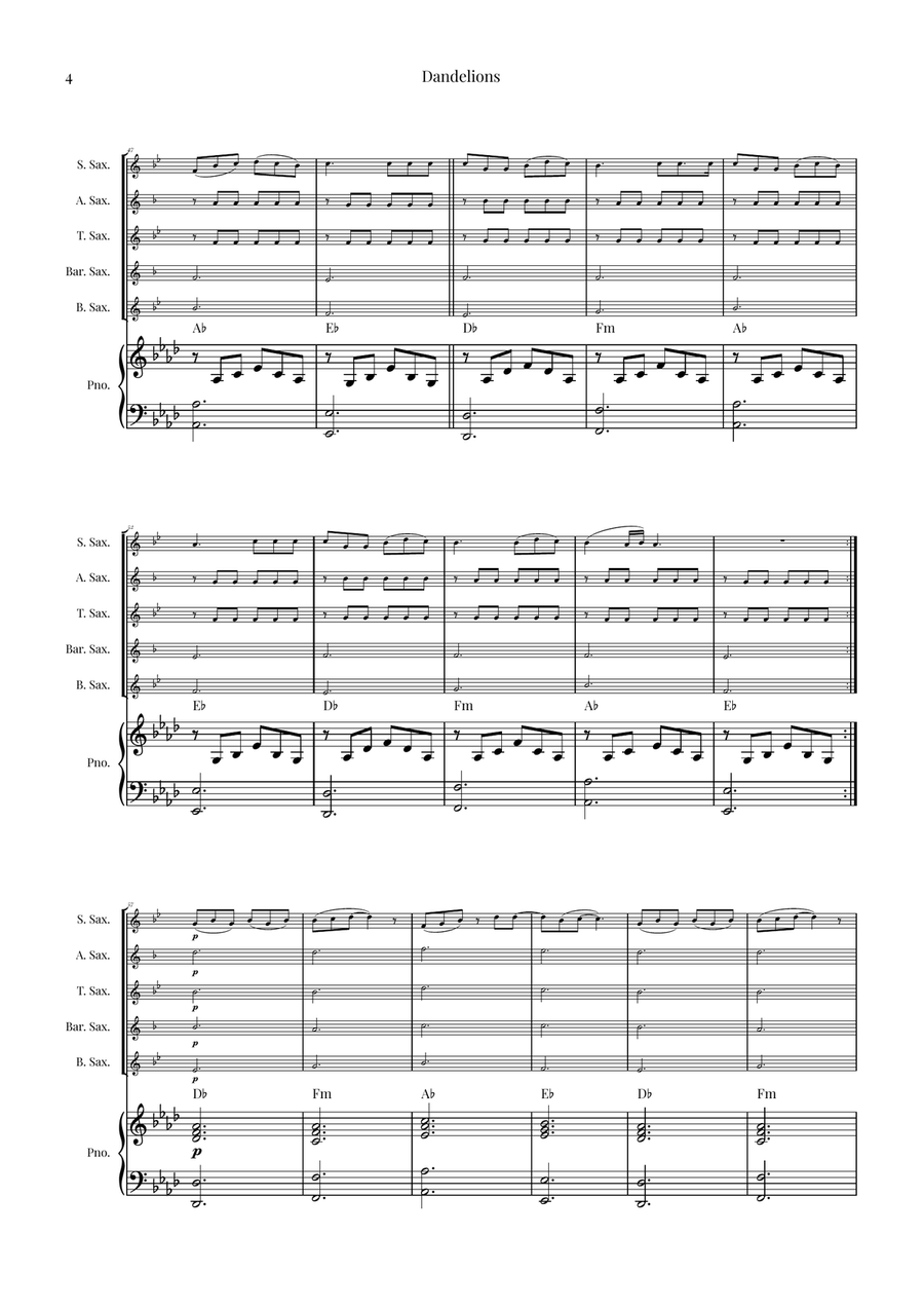 Dandelions Saxophone Quintet scores gallery preview page 4