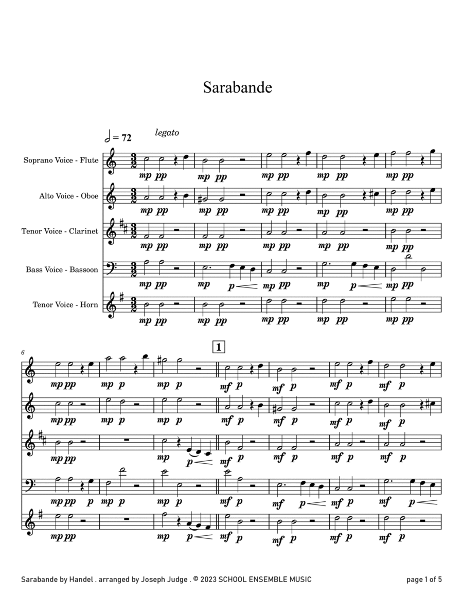 Sarabande by Handel for Woodwind Quartet in Schools Sarabande by Handel for Woodwind Quartet in Schools Woodwind Quartet scores gallery preview page 1