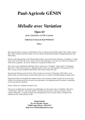 Book cover for Paul-Agricole Génin: Mélodie avec variation, opus 63, for Bb clarinet and piano