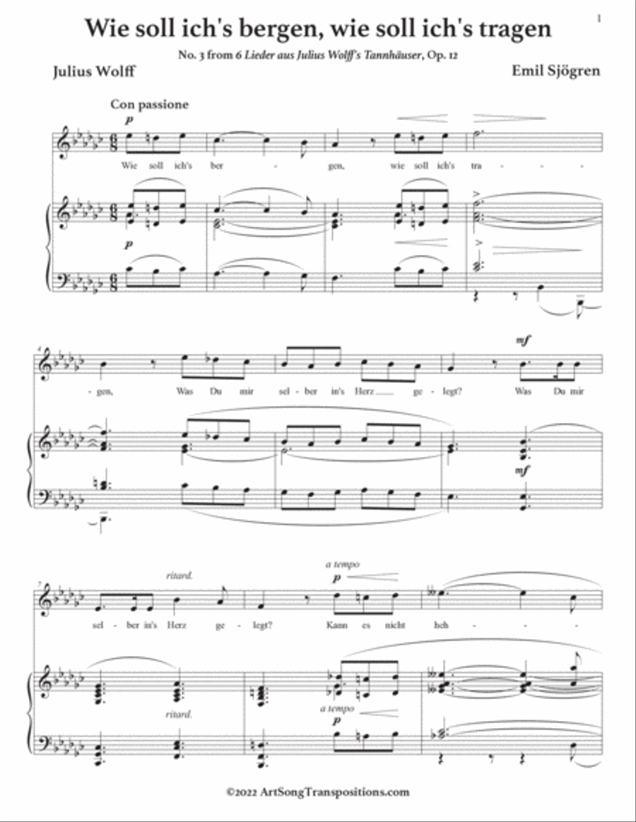 SJÖGREN: Wie soll ich's bergen, wie soll ich's tragen, Op. 12 no. 3 (transposed to G-flat major) Voice scores gallery preview page 2