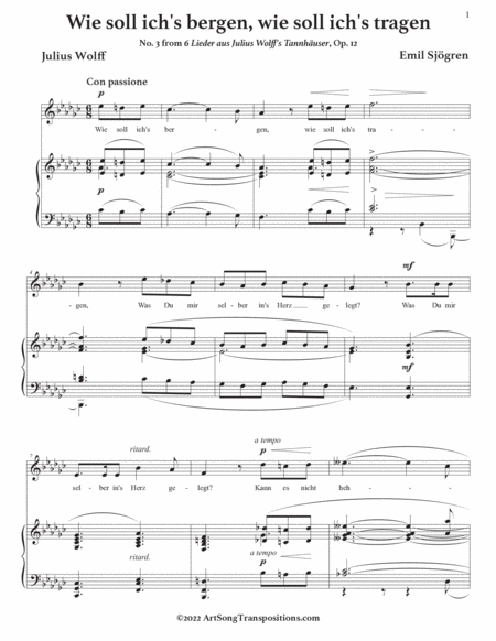 SJÖGREN: Wie soll ich's bergen, wie soll ich's tragen, Op. 12 no. 3 (transposed to G-flat major)