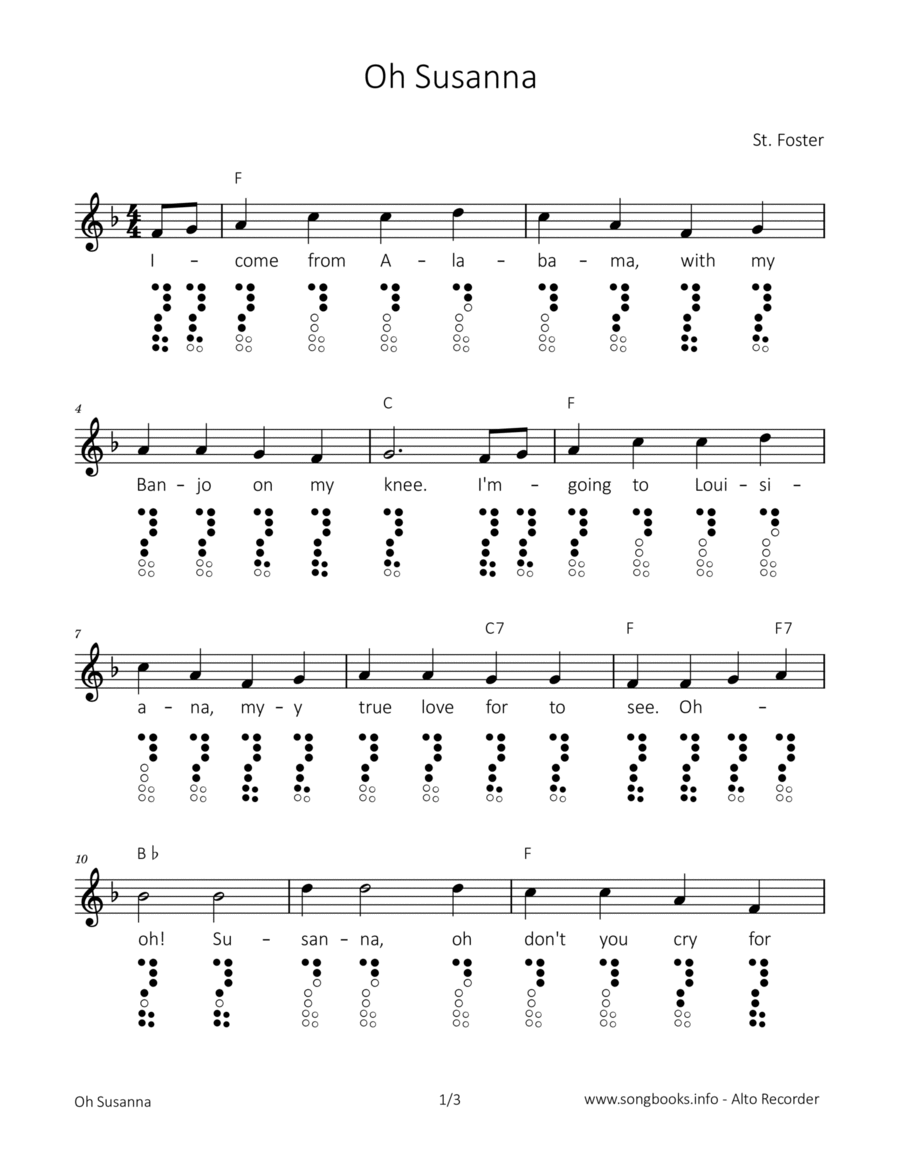 Oh Susanna Alto Recorder scores gallery preview page 1