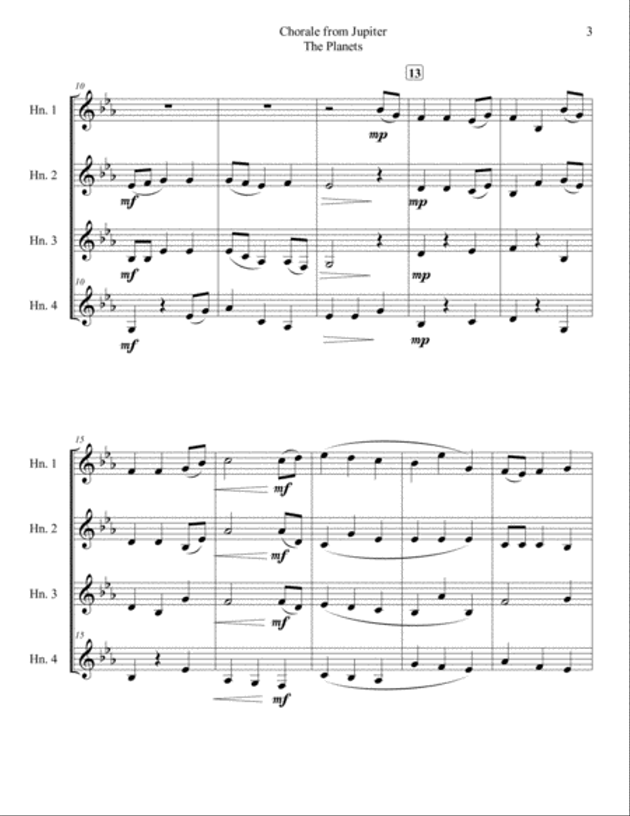Chorale from Jupiter for French Horn Quartet French Horn Quartet scores gallery preview page 3