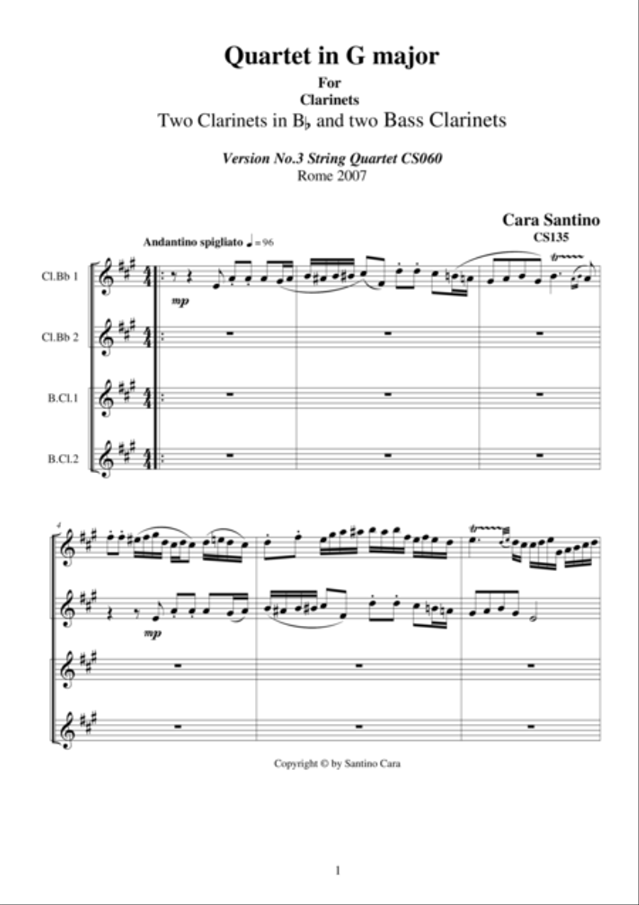 Clarinet Quartet in G major - CS135 Clarinet Quartet scores gallery preview page 1