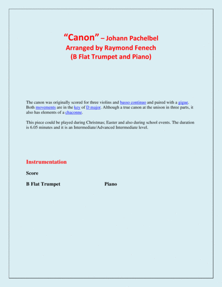 Canon - Johann Pachebel - Trumpet and Piano - Intermediate Level image number null